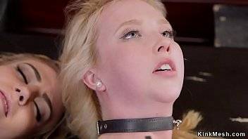 Butler fucks deep throat blonde slave then catches college babe spying them and fucks her too in threesome bdsm in the upper floor