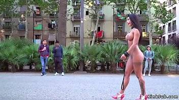Curvy petite brunette Euro babe Susy Gala in red dress humiliated and d. in public