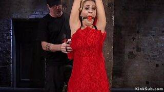 Tied up big tits blonde babe Cherie Deville undressed and in rope bondage nipples tormented and fucked