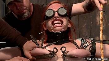 Two masters The Pope and Orlando had hot natural redhead Latina slave Sophia Locke in device bondage dungeon and they whipped and tormented her