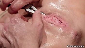 Busty brunette nympho Milf fucked with dick on a stick and made squirting