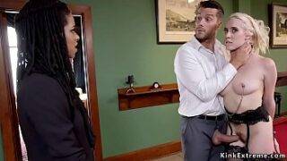 Ramon Nomar makes his blonde slave hottie Cadence Lux worship stockings to ebony journalist Kira Noir then bangs in bondage while ebony rimming her