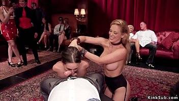 Small tits brunette Mystica Jade and huge tits blonde MILF senior slave Cherie Deville are licking and together masturbating in bdsm orgy party