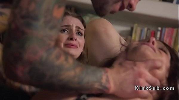 Tattooed guy torments busty mom and teen