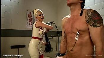 Big tits blonde femdom nurse in latex uniform Lorelei Lee hard whipping blindfolded patient Damien Thorne pegging and spanking him from behind