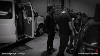 Hot brunette babe Jade Indica masturbates in bed and has fantasy of being dragged into a van and taken to an unknown location and group bdsm interracial fucked