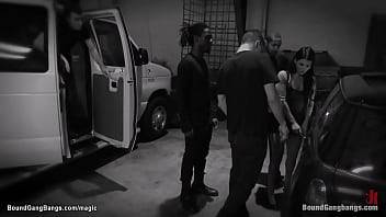 Hot brunette babe Jade Indica masturbates in bed and has fantasy of being dragged into a van and taken to an unknown location and group bdsm interracial fucked