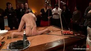 Blonde mistress Lorelei Lee locks neck and wrists in the table to big boobs blonde slut Riley Evans then makes her get facials at public orgy party