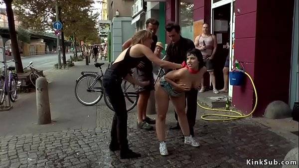 Busty Euro babe butt plugged in public