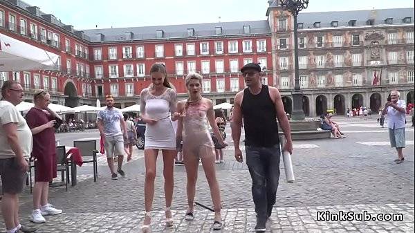 Naked slave wrapped in foil in public