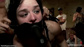 Bound blindfolded slut in stockings Juliette March groped and public humiliated then gangbang fucked by big cocks at crowded public place