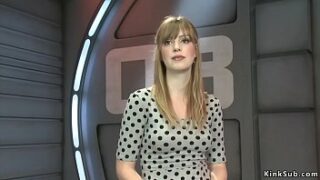 Sexy blonde Dolly Leigh applied for kin fucking machines and then nude in rope bondage took machine in her wet pussy while vibrating clit